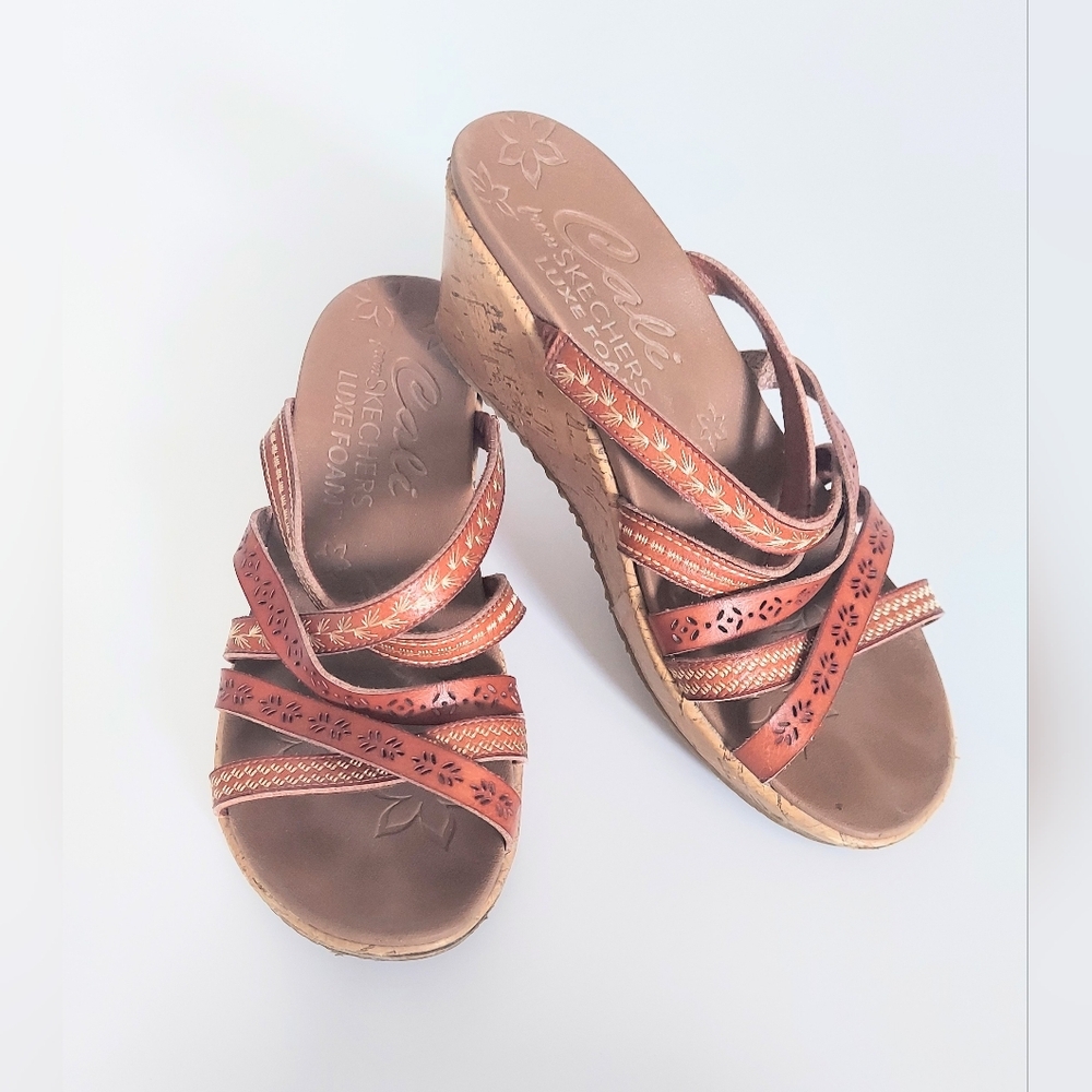 Skechers Beverlee Tiger Posse Sandals Womens 7 Brown Wedges Strappy